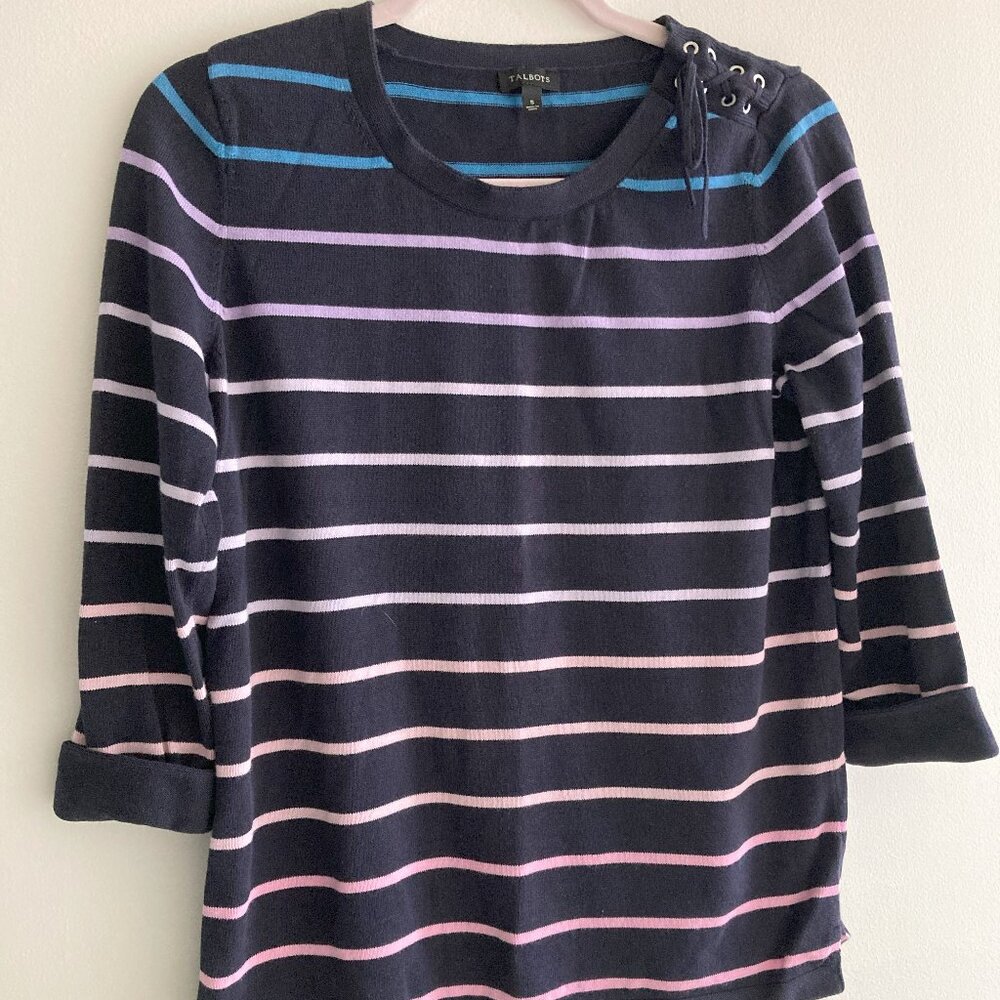 Talbots 3/4 Sleeve Pullover Navy & Pink Ombre Stripe